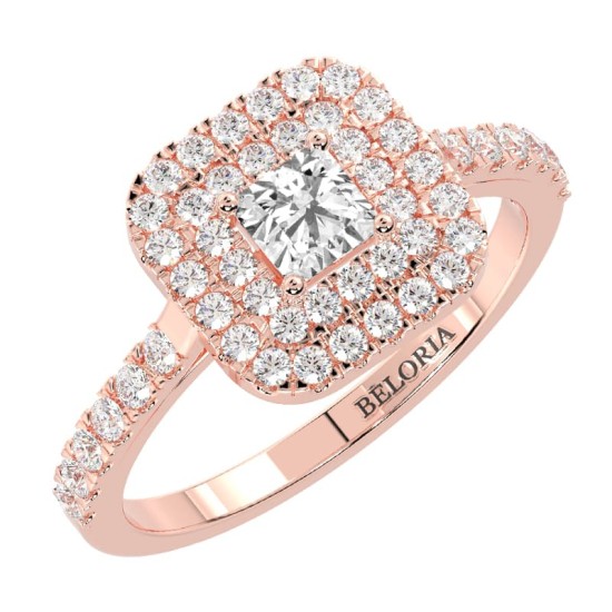 Bague femme solitaire diamant double halo princesse en or rose
