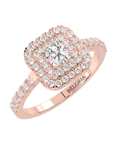 Bague femme solitaire diamant double halo princesse en or rose
