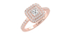 Bague femme solitaire diamant double halo princesse en or rose