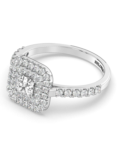 Bague femme solitaire diamant double halo princesse en or blanc