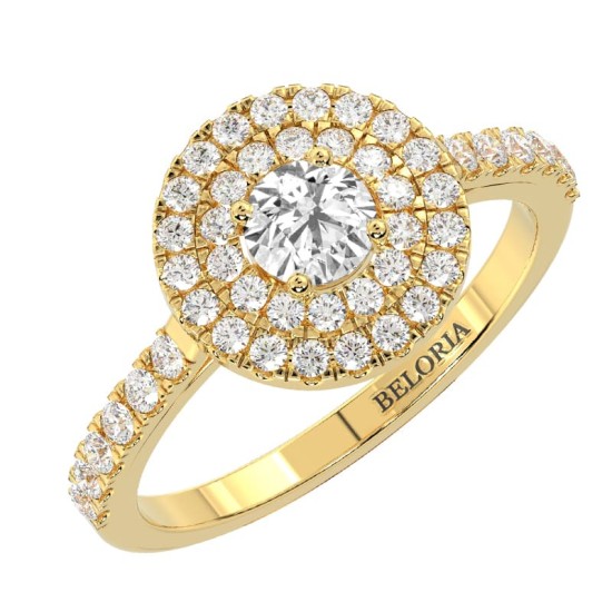 Bague solitaire diamant double halo rond en or jaune