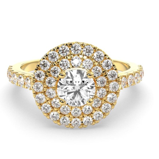 Bague solitaire diamant double halo rond en or jaune