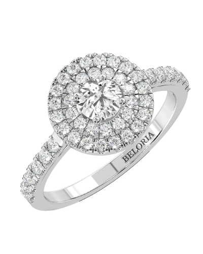 Bague solitaire diamant double halo rond en or blanc