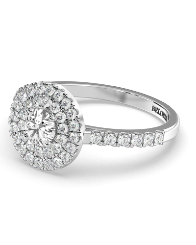 Bague solitaire diamant double halo rond en or blanc