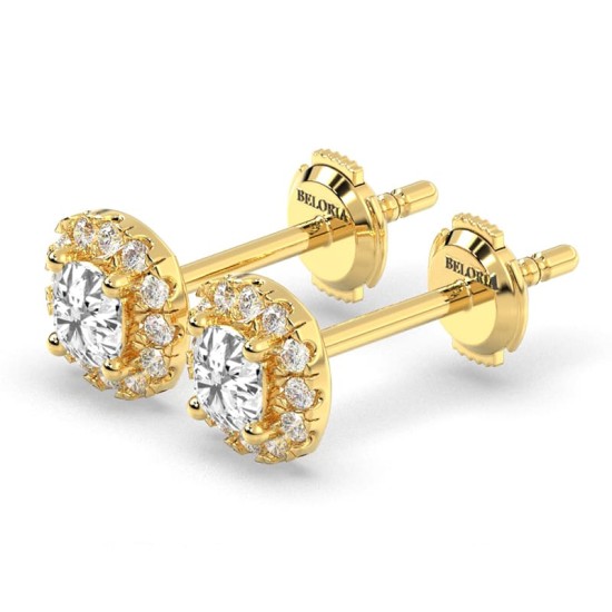 boucles d'oreilles Halo Coussin en or jaune 18 carats