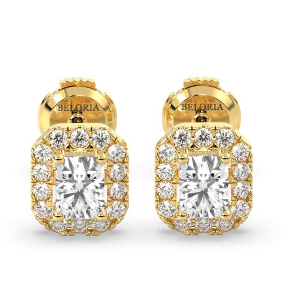 Boucles d'oreilles Diamant Taille Emeraude et Halo en or jaune 18 carats