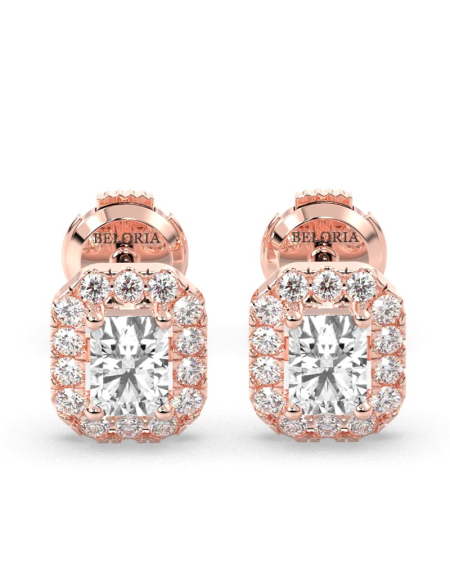 Boucles d'oreilles Diamant Taille Emeraude et Halo en or jaune 18 carats 2