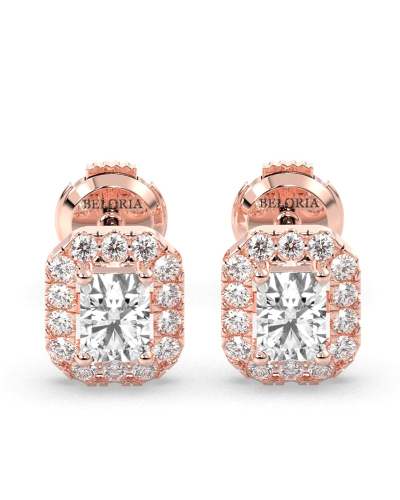 Boucles d'oreilles Diamant Taille Emeraude et Halo en or rose 18 carats