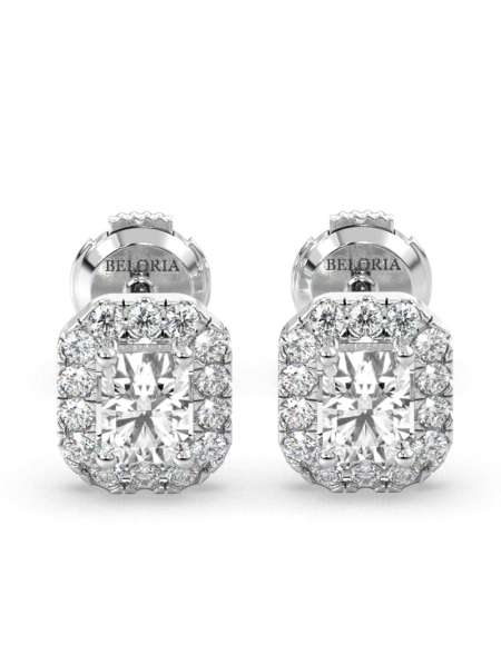 Boucles d'oreilles Diamant Taille Emeraude et Halo en or jaune 18 carats 2