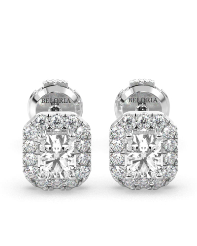 Boucles d'oreilles Diamant Taille Emeraude et Halo en or blanc 18 carats