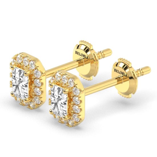 Boucles d'oreilles Diamant Taille Emeraude et Halo en or jaune 18 carats