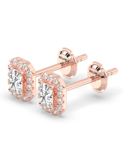 Boucles d'oreilles Diamant Taille Emeraude et Halo en or rose 18 carats
