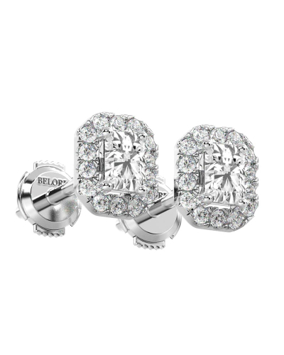 Boucles d'oreilles Diamant Taille Emeraude et Halo en or blanc 18 carats