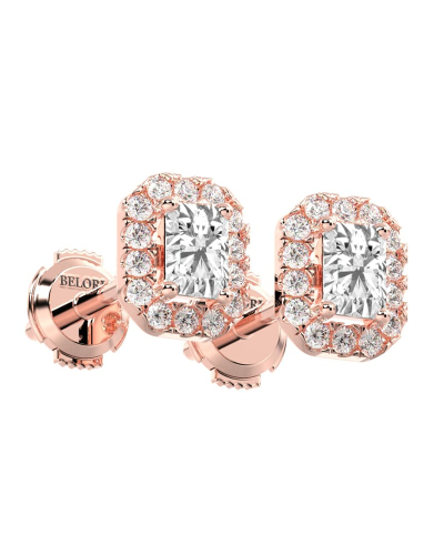 Boucles d'oreilles Diamant Taille Emeraude et Halo en or rose 18 carats