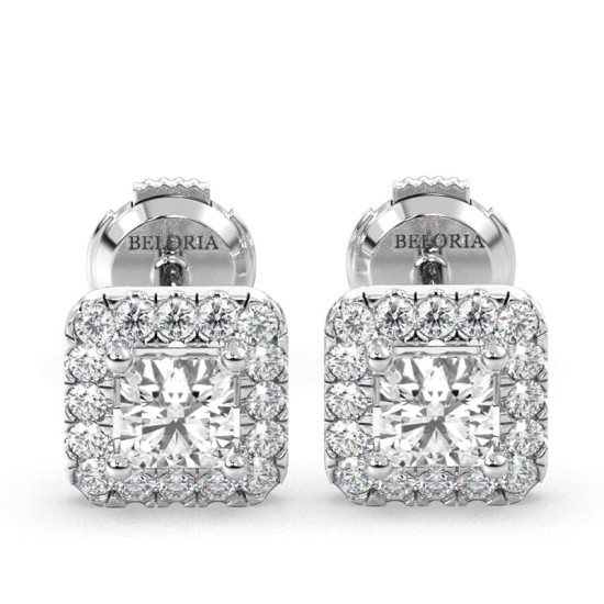 Boucles d'oreilles Halo Diamant princesse en or blanc 18 carats