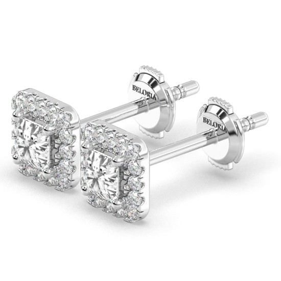 Boucles d'oreilles Halo Diamant princesse en or blanc 18 carats