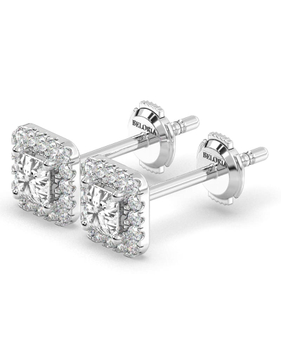 Boucles d'oreilles Halo Diamant princesse en or blanc 18 carats