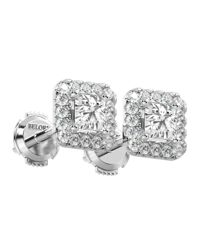 Boucles d'oreilles Halo Diamant princesse en or blanc 18 carats