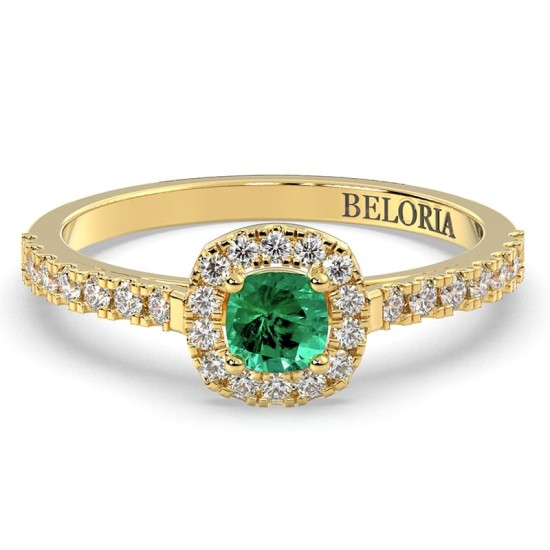 Bague en or jaune 18 carats, émeraude et son halo de diamants