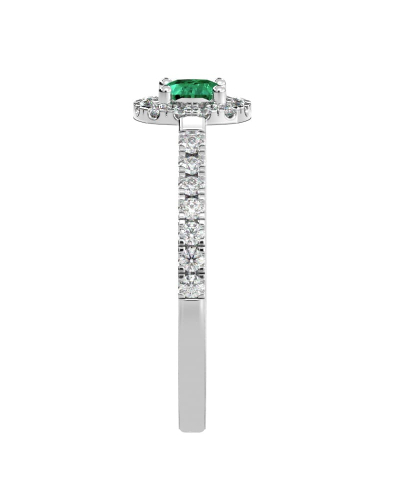 Bague en or blanc 18 carats, émeraude et son halo de diamants
