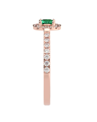 Bague en or rose 18 carats, émeraude et son halo de diamants