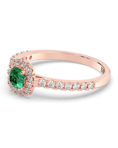 Bague en or rose 18 carats, émeraude et son halo de diamants