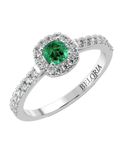 Bague en or blanc 18 carats, émeraude et son halo de diamants