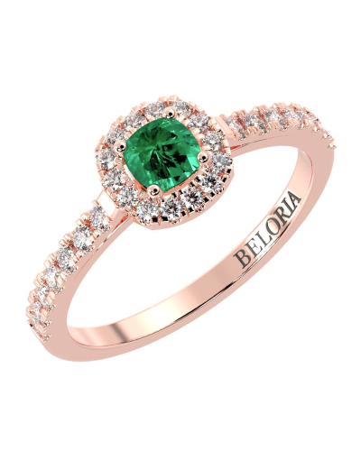 Bague en or rose 18 carats, émeraude et son halo de diamants