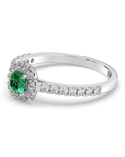 Bague en or blanc 18 carats, émeraude et son halo de diamants