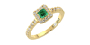 Bague Solitaire en Or jaune avec Emeraude princesse et son Halo Accompagné Diamant