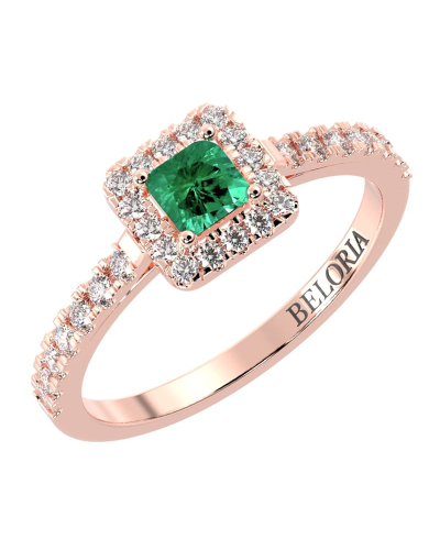Bague Solitaire en Or rose avec Emeraude princesse et son Halo Accompagné Diamant