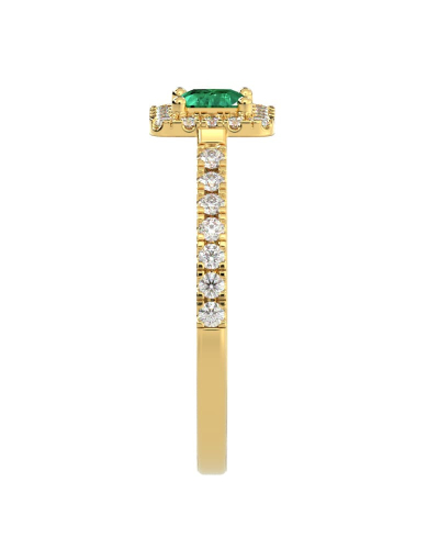 Bague Solitaire en Or jaune avec Emeraude princesse et son Halo Accompagné Diamant
