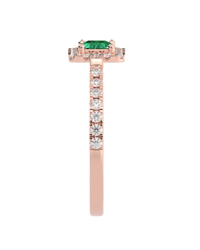 Bague Solitaire en Or rose avec Emeraude princesse et son Halo Accompagné Diamant