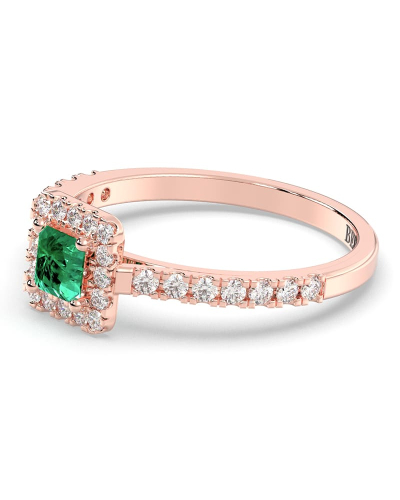 Bague Solitaire en Or rose avec Emeraude princesse et son Halo Accompagné Diamant