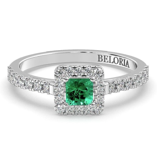Bague Solitaire en Or blanc avec Emeraude princesse et son Halo Accompagné Diamant