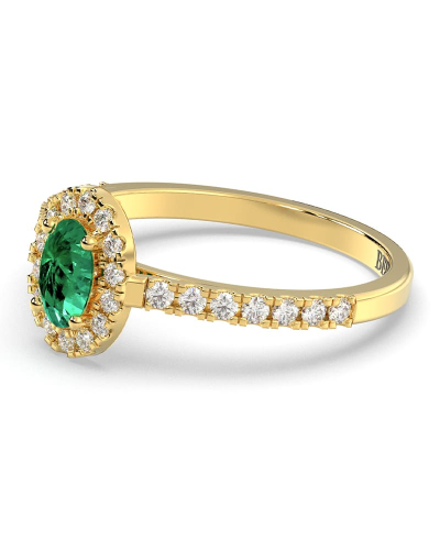 Bague Solitaire en Or jaune émeraude ovale et Halo Accompagné Diamant