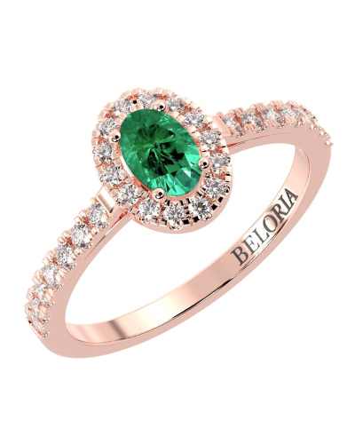 Bague Solitaire en Or rose émeraude ovale et Halo Accompagné Diamant