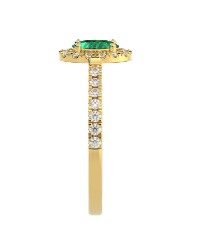 Bague Solitaire en Or jaune émeraude ovale et Halo Accompagné Diamant