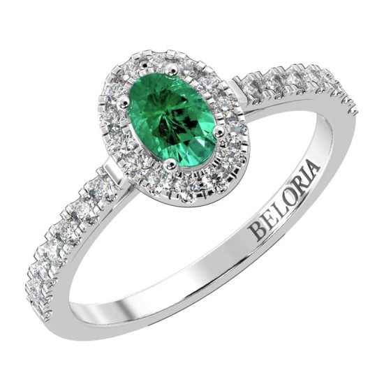 Bague Solitaire en Or rose émeraude ovale et Halo Accompagné Diamant