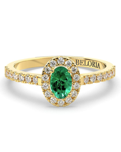 Bague Solitaire en Or jaune émeraude ovale et Halo Accompagné Diamant