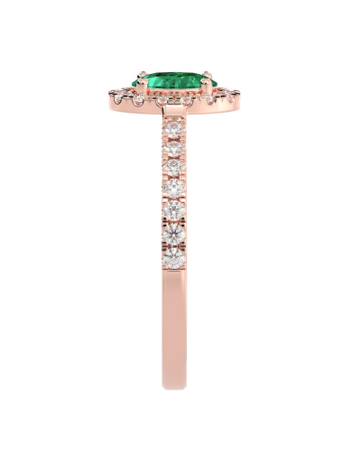 Bague Solitaire en Or rose émeraude ovale et Halo Accompagné Diamant