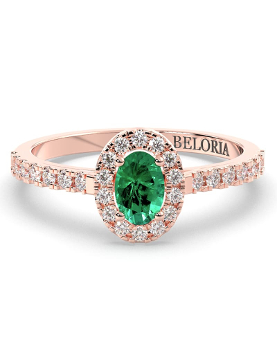 Bague Solitaire en Or rose émeraude ovale et Halo Accompagné Diamant