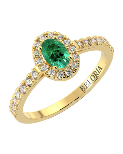 Bague Solitaire en Or jaune émeraude ovale et Halo Accompagné Diamant