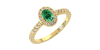 Bague Solitaire en Or jaune émeraude ovale et Halo Accompagné Diamant