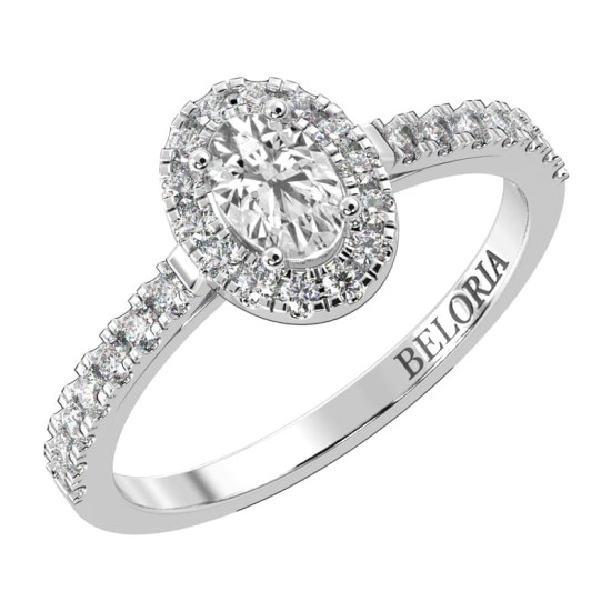 Bague Solitaire en Or blanc Halo Accompagné Diamant Ovale