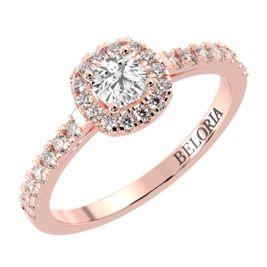 Bague Solitaire en Or rose avec Halo Accompagné Diamant Coussin