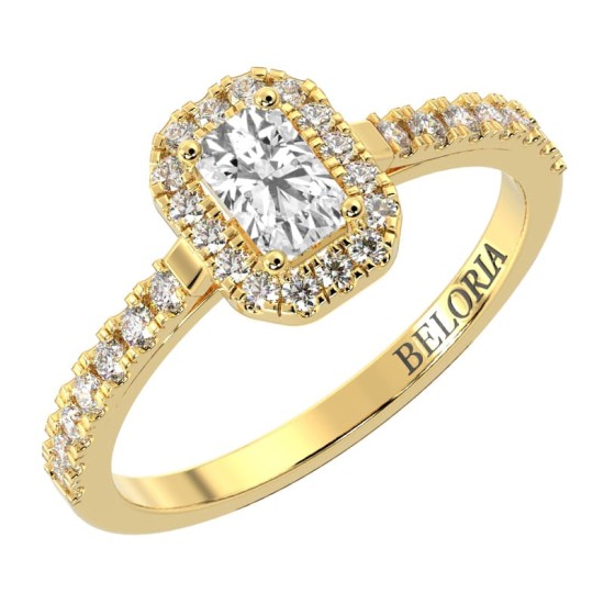 Bague Solitaire en Or jaune Accompagné Diamant Emeraude Halo