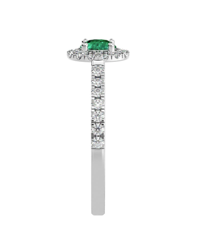 Bague Solitaire en Or blanc émeraude ronde et Halo Accompagné Diamant