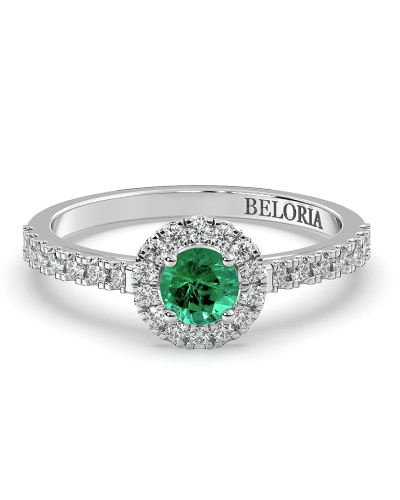 Bague Solitaire en Or blanc émeraude ronde et Halo Accompagné Diamant