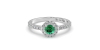 Bague Solitaire en Or blanc émeraude ronde et Halo Accompagné Diamant